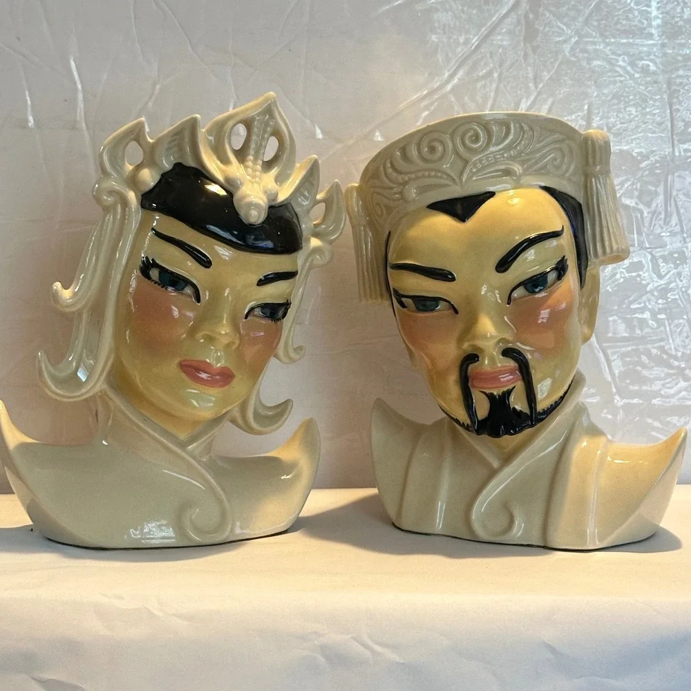 Vintage Ceramic Head Vase Pair Asian Man Woman Bust Planter Mid Century Style